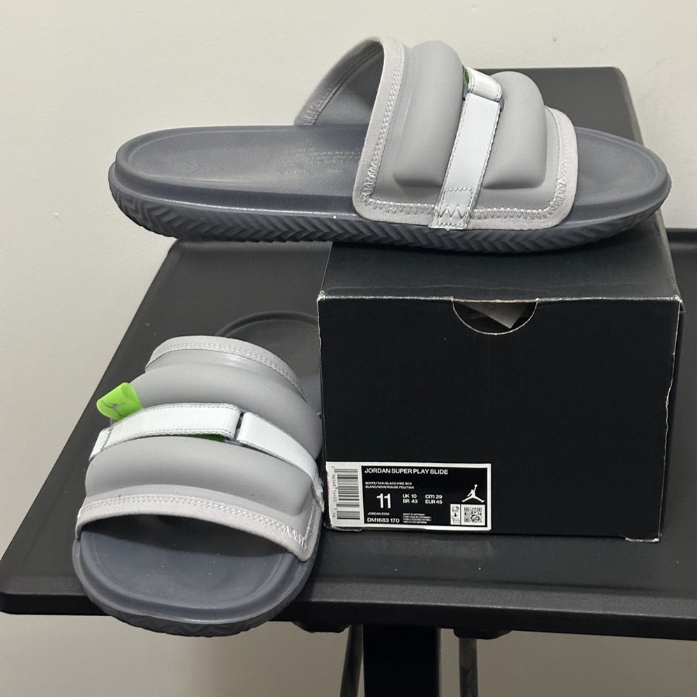 Jordan Gray Slide Sandals with Neon Green Tab
